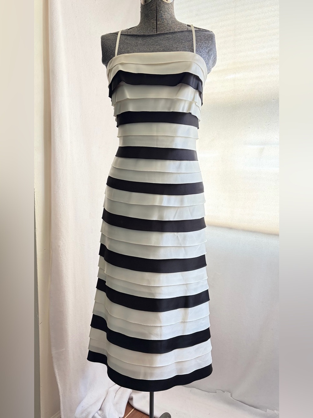 BCBGMaxAzria Black and White Striped Tiered Spaghetti Strap Midi Dress